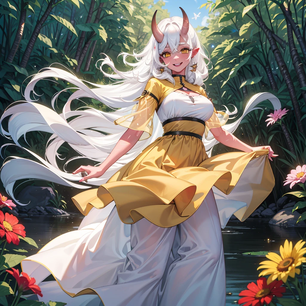 "(best quality,4k,8k,highres,masterpiece:1.2),ultra-detailed,(realistic:1.1),portrait,colorful lighting, sexy woman,red skin,red horn,long white hair,yellow eyes,cute dress clothes,playful expression,garden,flowers,butterflies,toy train,sparkling eyes,sunshine,soft complexion,cheerful,innocent,fun,lovely smile,joyful,curly hair,freckles,fantasy ambiance,daydreaming,fairy tale,dreamy background,imagination,whimsical,childhood memories,happiness,bliss,light-hearted"