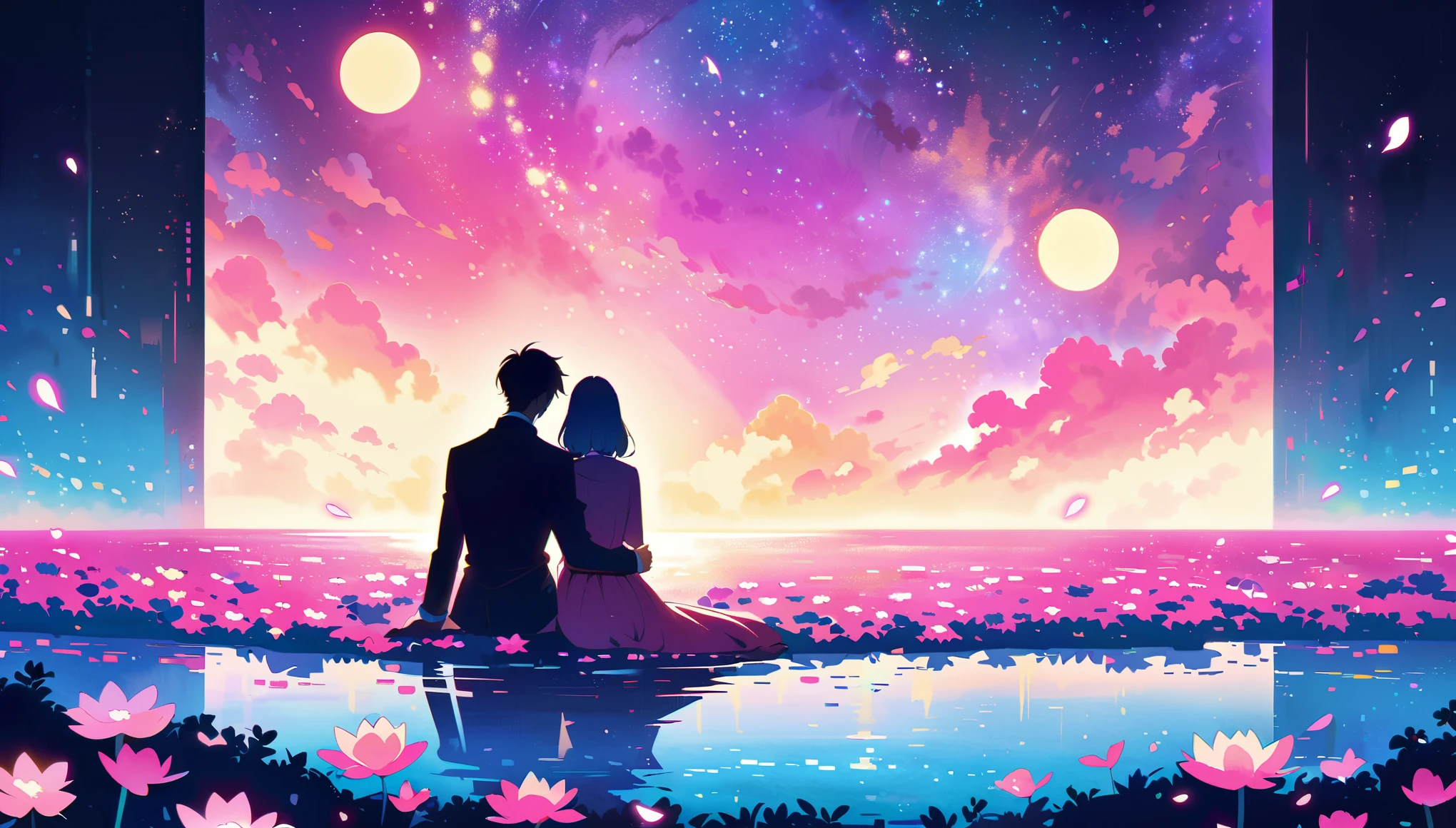 A couple sits on the edge of an endless sea made entirely of pink lotus flowers, with their backs to each other and facing away. The bright moon shines before them, creating a romantic atmosphere. This is illustrated in the style of anime art with a touch of illustration. It features vibrant colors and a night scene, with neon lights shining through the petals. One hand holds a bouquet of roses, while another person holds hands with their lover, focusing on their face.