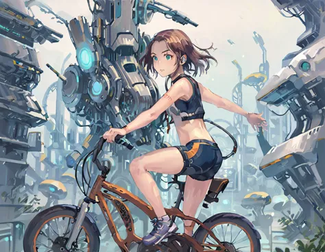 ssta, a girl rides a bicycle, in running shorts, short shorts, A complex machinery structure in a futuristic city
