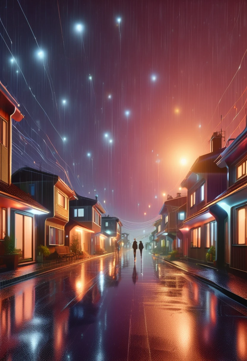 una calle pequeña con poca iluminación, con varias casas con luces encendidas al atardecer, estilo retro futurista, con algunas personas caminando y una lluvia ligera