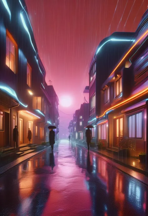 small street with low lighting, with several houses with lights on at dusk, retro futuristic style, with some people walking and...
