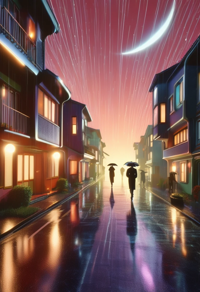 una calle pequeña con poca iluminación, con varias casas con luces encendidas al atardecer, estilo retro futurista, con algunas personas caminando y una lluvia ligera