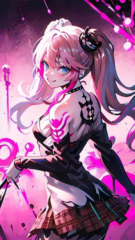 [nsfw:1.5], Junko Enoshima, long blonde, 1 small girl, twin tails, alone, blue spiral eyes, deep cleavage, clavicle, mega breast...