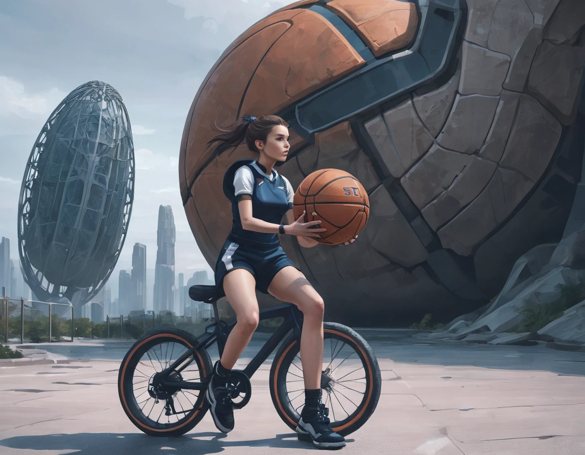 SSTA, una niña anda en bicicleta, uniforme de baloncesto, shorts cortos, Una compleja estructura de piedra en una ciudad futurista
