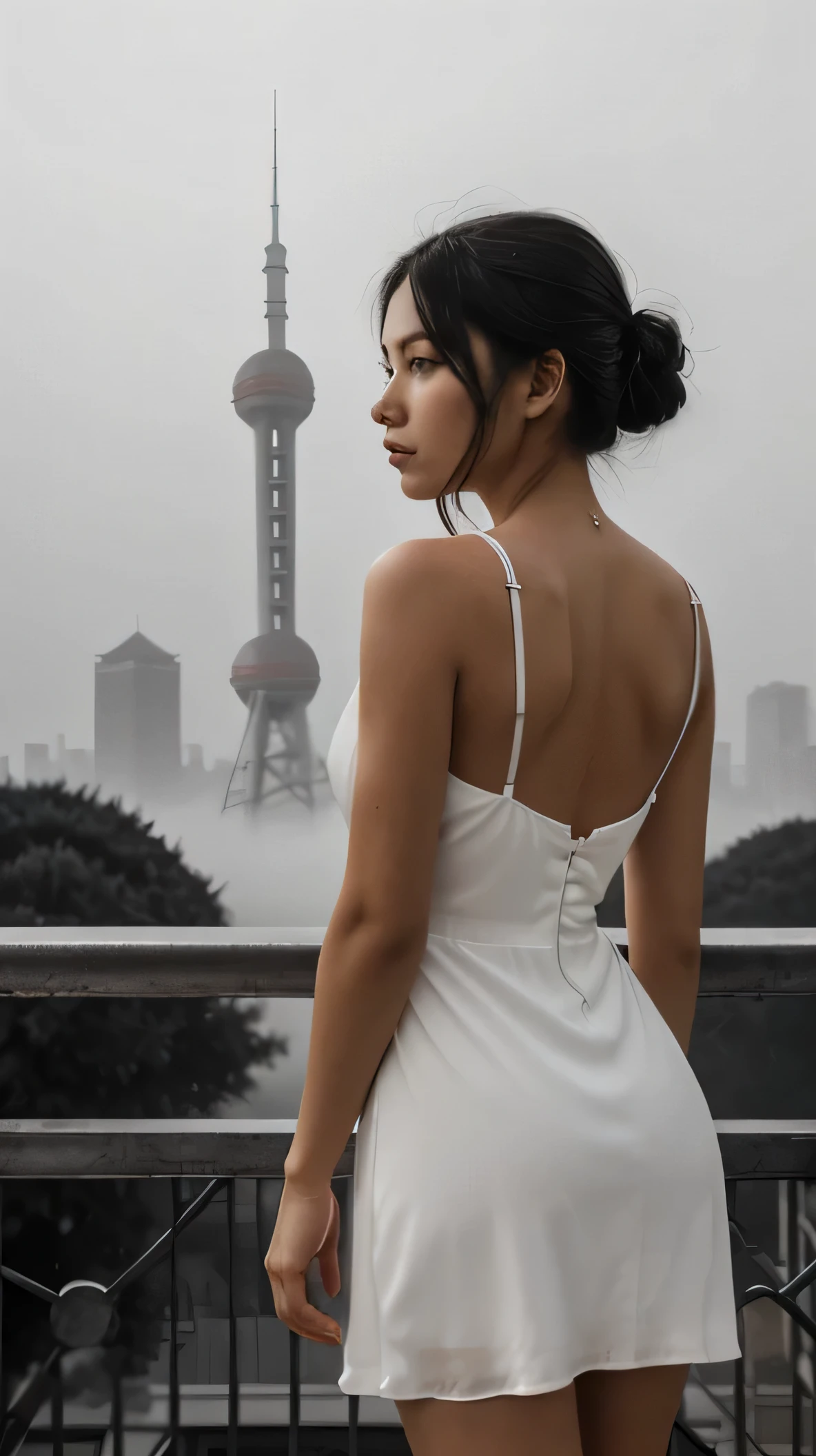 A girl standing by the riverbank, with her back facing the camera, wearing a white dress (white dress:2). Her black hair cascades down her back. The scene is set during early morning, with a white mist enveloping the sky and the famous Shanghai Bund as the backdrop. The composition focuses on the girl's figure (figure:0.8), without any railing obstructing the view. She gazes towards the scenery on the other side, with the towering silhouette of the TV tower faintly visible (masterpiece:1.2, 4k). The photograph is captured in black and white, with a high-contrast tone, emphasizing the white mist (high-key photography, white mist, black and white:0.5). The overall image quality is of the best quality, with ultra-detailed elements and a realistic and vivid portrayal (best quality, ultra-detailed, realistic:1.37, vivid colors). The lighting enhances the atmosphere, adding a soft and ethereal touch to the scene.