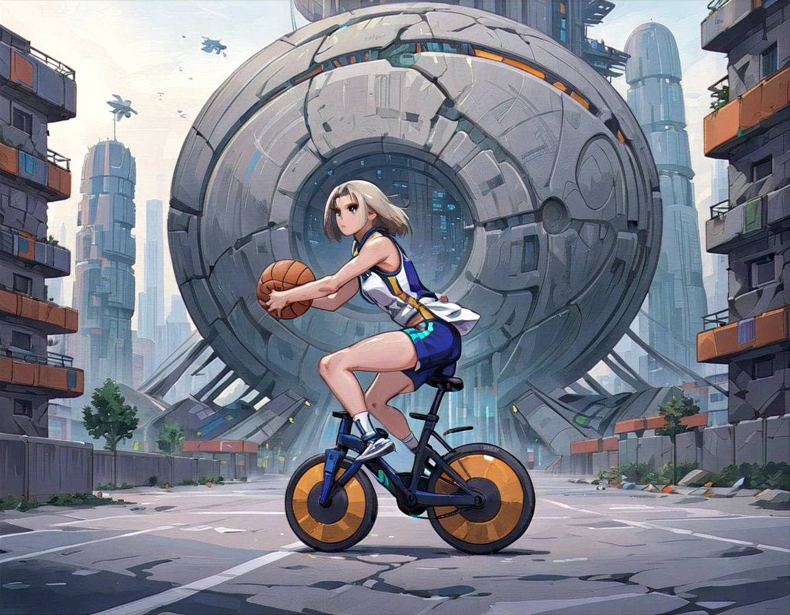 طائرة أسرع من الصوت, فتاة تركب دراجة, زي كرة السلة, شورت قصير, هيكل حجري معقد في مدينة مستقبلية
