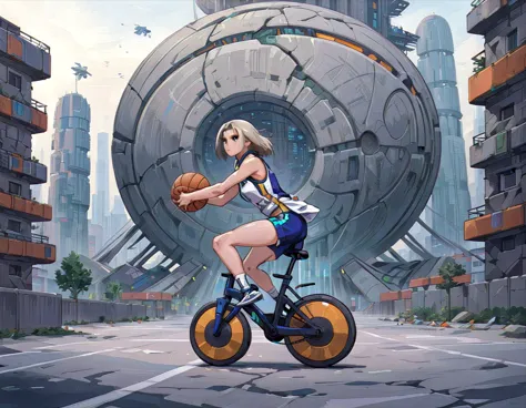 ssta, a girl rides a bicycle, basketball uniform, short shorts, A complex stone structure in a futuristic city
