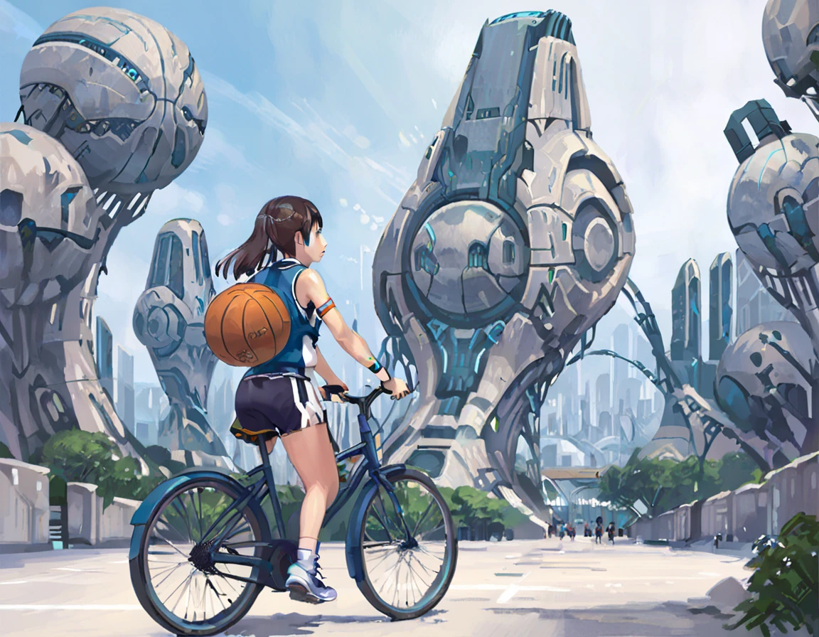 sst, une fille fait du vélo, uniforme de basket-ball, short court, Une structure en pierre complexe dans une ville futuriste
