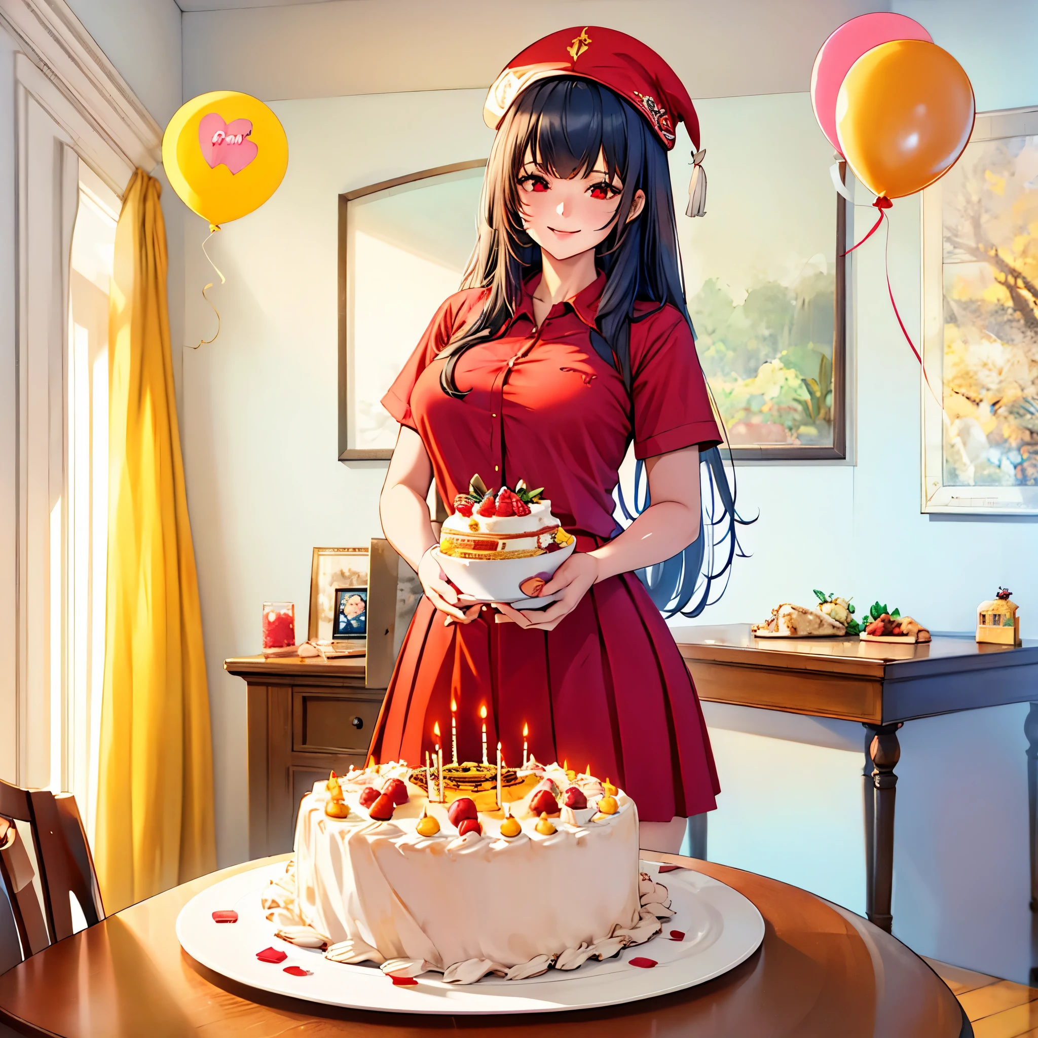 A woman in a well-decorated birthday room, wearing tight red shirt, red skirt, long black hair, red eyes, smiling, birthday hat, near the birthday sweet birthday cake table, birthday balloons decorating the place,HDR, ultra resolution, very detailed, masterpiece, ultra quality, 4K HD.
