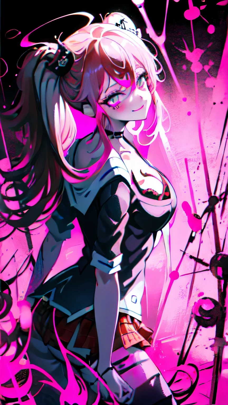 Anime girl with pink hair and black outfit standing in front of a pink  background - SeaArt AI