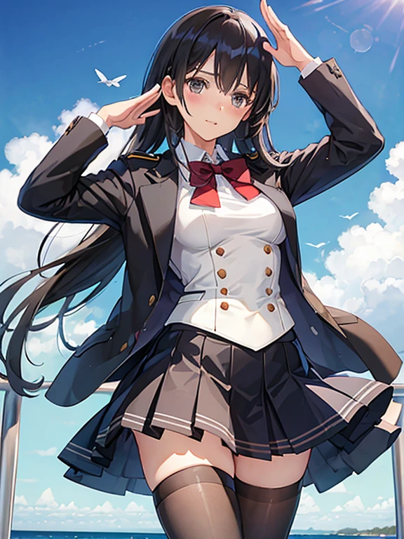 (((uniform))), mini skirt, have, Thighhighs, the skirt is fluttering in the wind,The wind is blowing her skirt wide. blush,between legs,blue sky, on the boat,Happy,in the heat,from below,Salute with your right hand