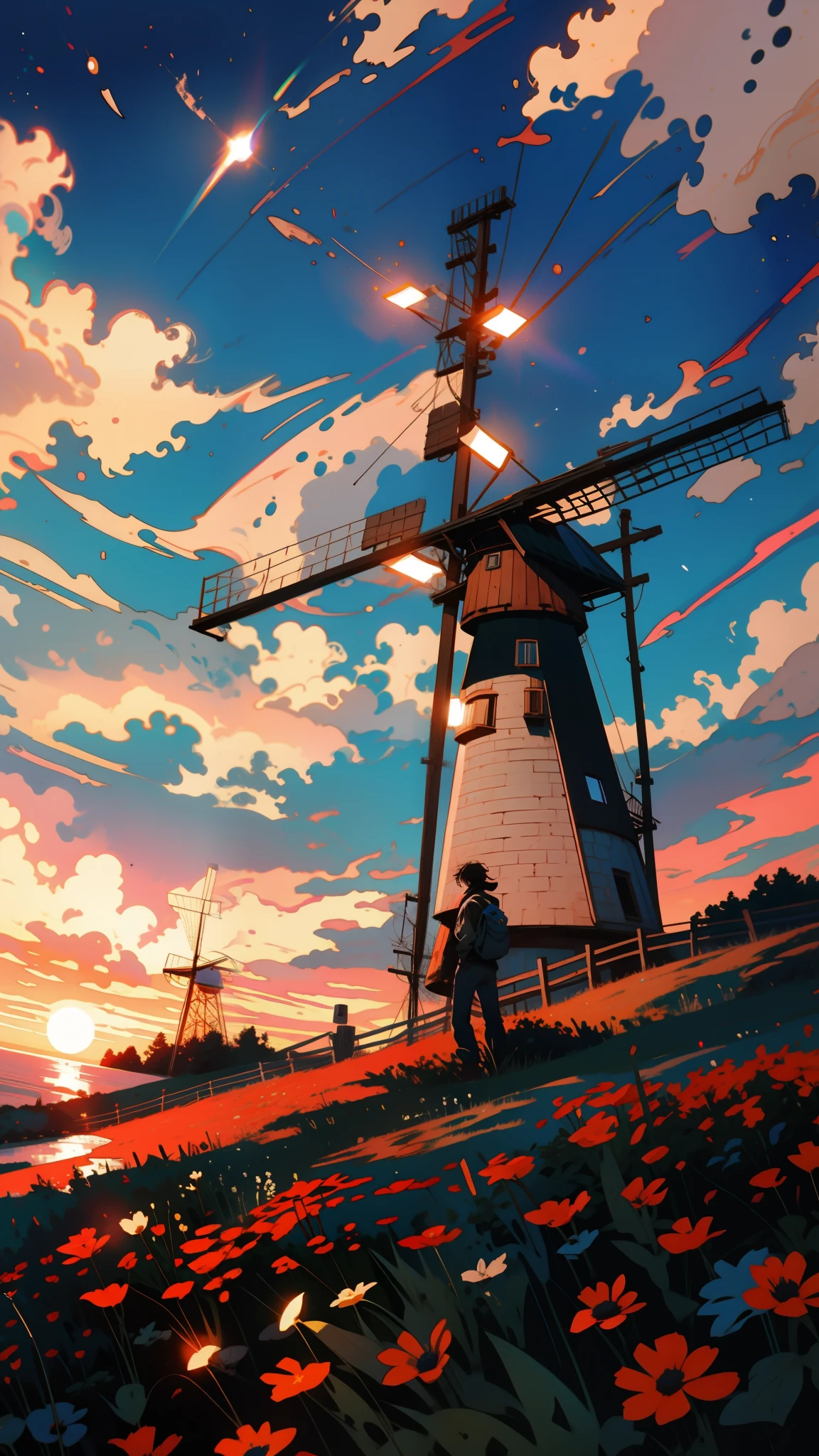 a young man leans against a wooden fence, observing the tranquil scene of a wind mill nestled within a field of colorful flowers, sunset, starry sky, magic spell, galaxy, black hole, abasterpiece)), ((best quality)), ultra detailed,((illustration)), dynamic angle, detailed light, (delicate eyes), (ahoge:0.8),apathy, ray，frontage，style of anime4 k， 4k anime wallpaper， badass anime 8 k， 4 k comic wallpaper