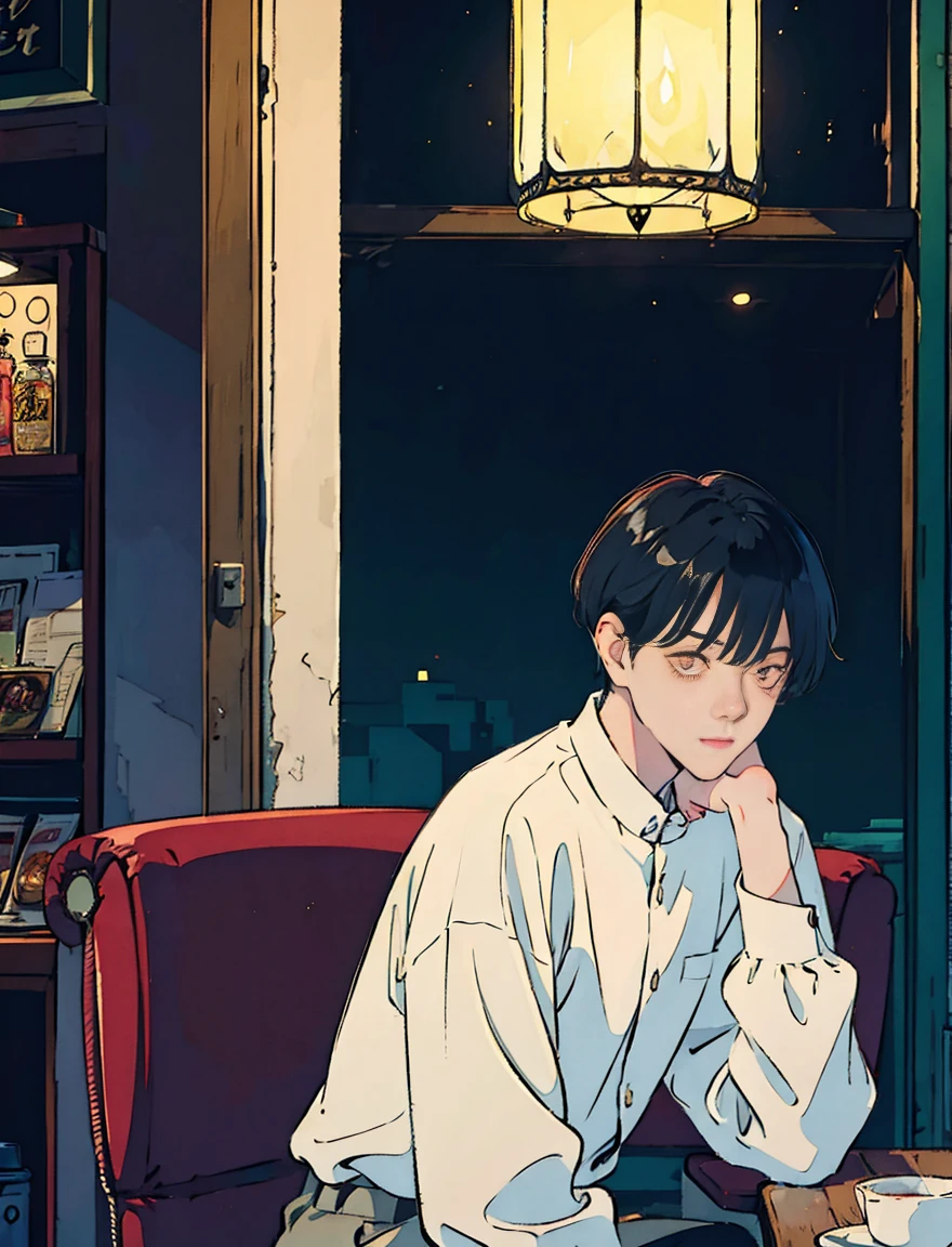 A cool and handsome Asian boy with black hair sitting in a cafe at night, visible from the window, perfect face, white shirt、black jacket, neon black, (with backlight: 1.1), hard shadow, masterpiece, highest quality, Complex, model shooting style, vintage, film grain, incomplete details、It is drawn from a distance