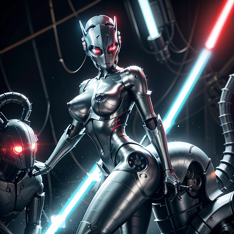 mechanical girl,　Shiny metallic skin,　Mechanical and metal body parts,Metallic cyber helmet with mechanical ears,Very large breasts，red glowing eyes, 　A devilish metallic body，[methodical, surgical precision],　Cyberpunk style background,science fiction art style,bright colors,High resolution,Super detailed,realistic lighting effects,Bokeh，Hold a red-bladed lightsaber,　In combat,　best shot