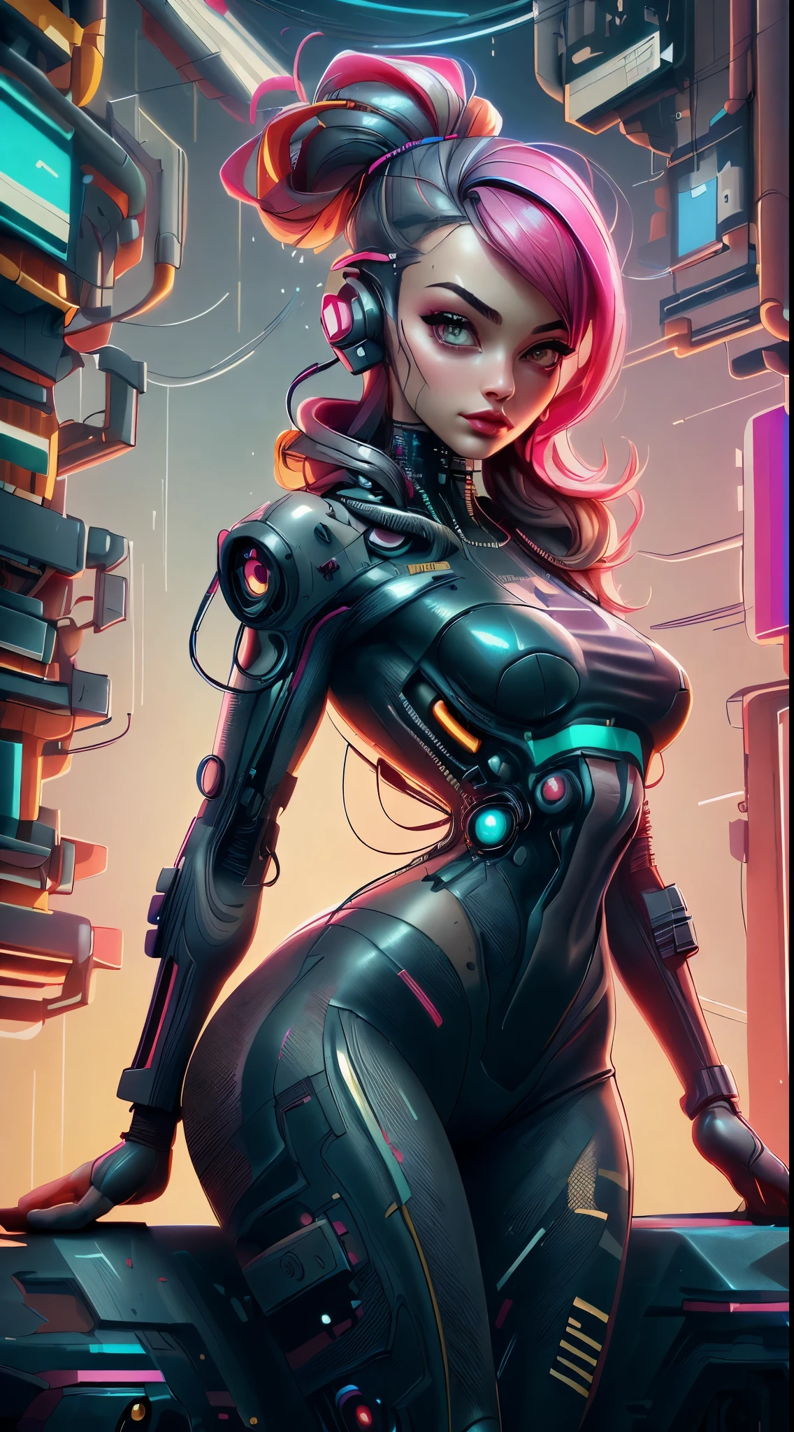 ((Long shot: 1.4, dynamic pose: 1.4)), (( 1 young woman alone:1.5)), (( beautiful, sensual and self-confident: 1.5)), (( brown eyes light and bright, cyberpunk hair:1.5)), ((ultra detailed:1.5)), sensual smile, beautiful full and shiny lips, with tattoo on arm and cheek, handsome hairstyle:1.2, cyberpunk, handsome cyberpunk, dreamer, (( beautiful and detailed hair, soft and shiny:1.3)), dark atmosphere, cyberpunk clothing, ultra-realistic 8k, cyberpunk 20 years. a model , the portrait, highly detailed 32k digital art, beautiful digital artwork, Cyborg Cyberpunk. ((colors, cyan, greens, pink, brown: 1.2)), 8k realistic digital art, soft neon lighting on the face and body, ((highly detailed: 1.4), ((masterpiece)), (hyper detailed and beautiful: 1.3), (Photorealistic: 1.4)
