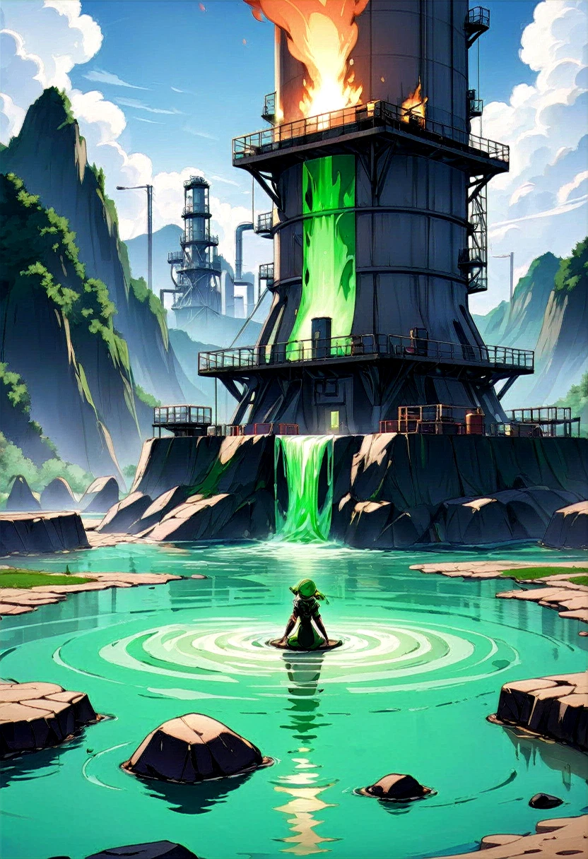 dreamlikeart, A girl, a researcher at a petrochemical plant, sits atop a tower made of glass. She stands in the middle of a big and muddy lake filled with phlogon. The water beneath shows a dramatic green-colored river running through it. There are burning ropes and stones, splashing water, sunken city below. It feels like home. Cinematic lighting, Cinematic Movie Photograph, Arri Alexa, Extremely Detailed, smooth, very very clean, 8K, octane render, maya render, unreal engine, trending on artstation, DSLR, excellent composition, center frame