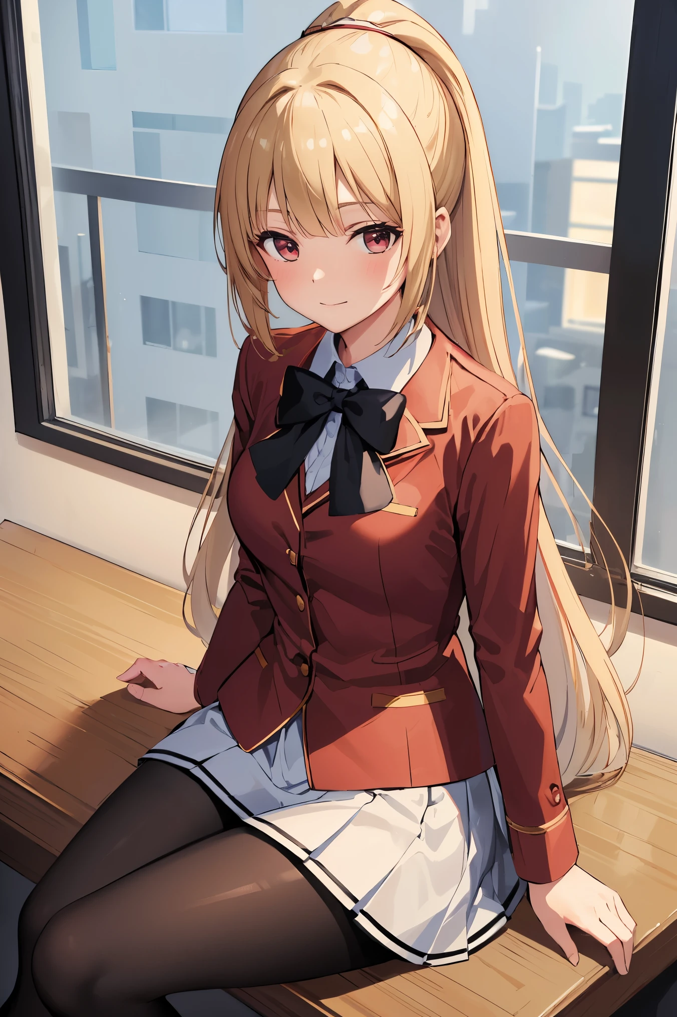 (masterpiece), (best quality), (illustration), (beautiful detailed), (highres), black pantyhose,white skirt,black pantyhose miniskirt, black pantyhose pleated skirt, red jacket, black pantyhose looking at viewer,sitting,(school uniform), white shirt,blush,shy,indoors, window,blonde hair, black pantyhose ponytail,((black pantyhose)) smile