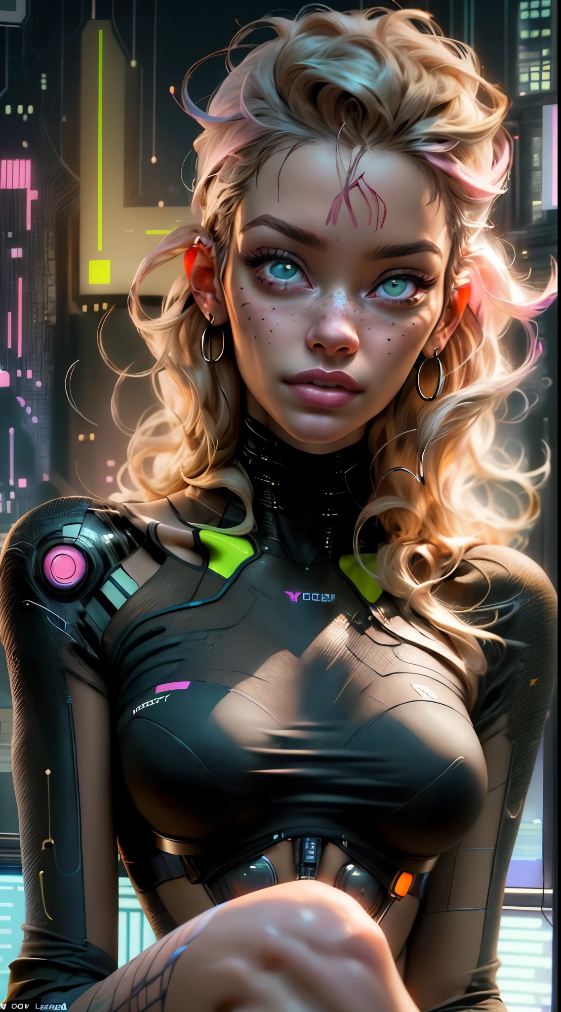 ((Long shot: 1.4, dynamic pose: 1.4)), (( 1 young woman alone:1.5)), (( beautiful, sensual and self-confident: 1.5)), (( brown eyes light and bright, cyberpunk hair:1.5)), ((ultra detailed:1.5)), sensual smile, beautiful full and shiny lips, with tattoo on arm and cheek, handsome hairstyle:1.2, cyberpunk, handsome cyberpunk, dreamer, (( beautiful and detailed hair, soft and shiny:1.3)), dark atmosphere, cyberpunk clothing, ultra-realistic 8k, cyberpunk 20 years. a model , the portrait, highly detailed 32k digital art, beautiful digital artwork, Cyborg Cyberpunk. ((colors, cyan, greens, pink, brown: 1.2)), 8k realistic digital art, soft neon lighting on the face and body, ((highly detailed: 1.4), ((masterpiece)), (hyper detailed and beautiful: 1.3), (Photorealistic: 1.4)