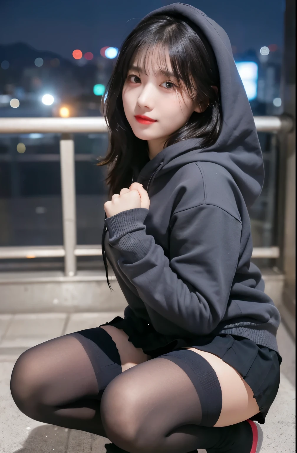 Arafed asian woman in a hoodie and stockings crouching down - SeaArt AI