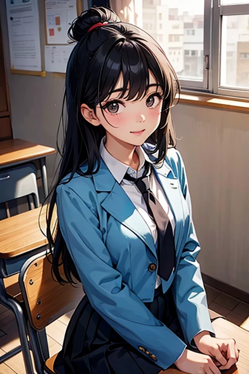 1 beautiful girl, Korean high school student, black hair, long silky hair, black eyes, thin lips, round face, big bust covered by a Korean school suit, tie tied around her neck, high school skirt, sitting on top of the desk, inside a empty classroom, captivating eyes, affectionate smile, alone in class, detailed art, morning setting