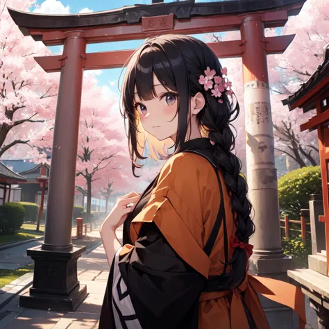 highest quality、masterpiece、8K、shrine、torii、cloud、cherry blossoms、braided hair、evening