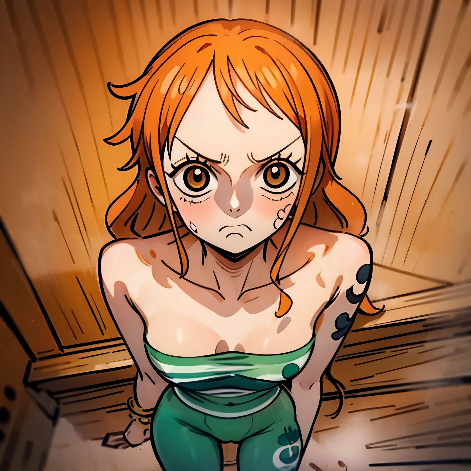 Anime girl with red hair and green pants standing in a wooden room - SeaArt  AI