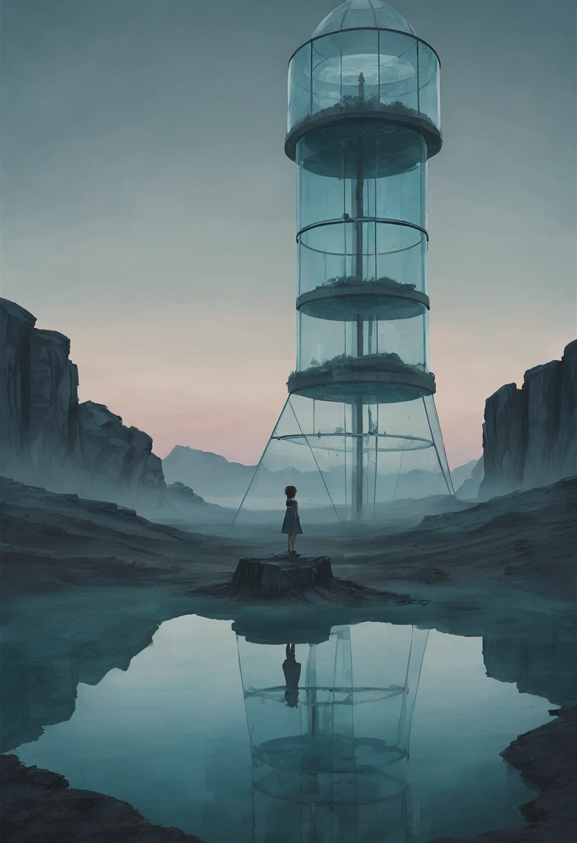sst, Une fille se tient sur une tour de verre dans un paysage surréaliste