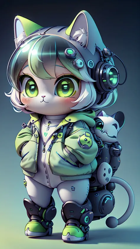 a mini cute surreal futuristic mechanical cat wearing a green jacket. blue skin. cinematic, super detailed, white gradient backg...