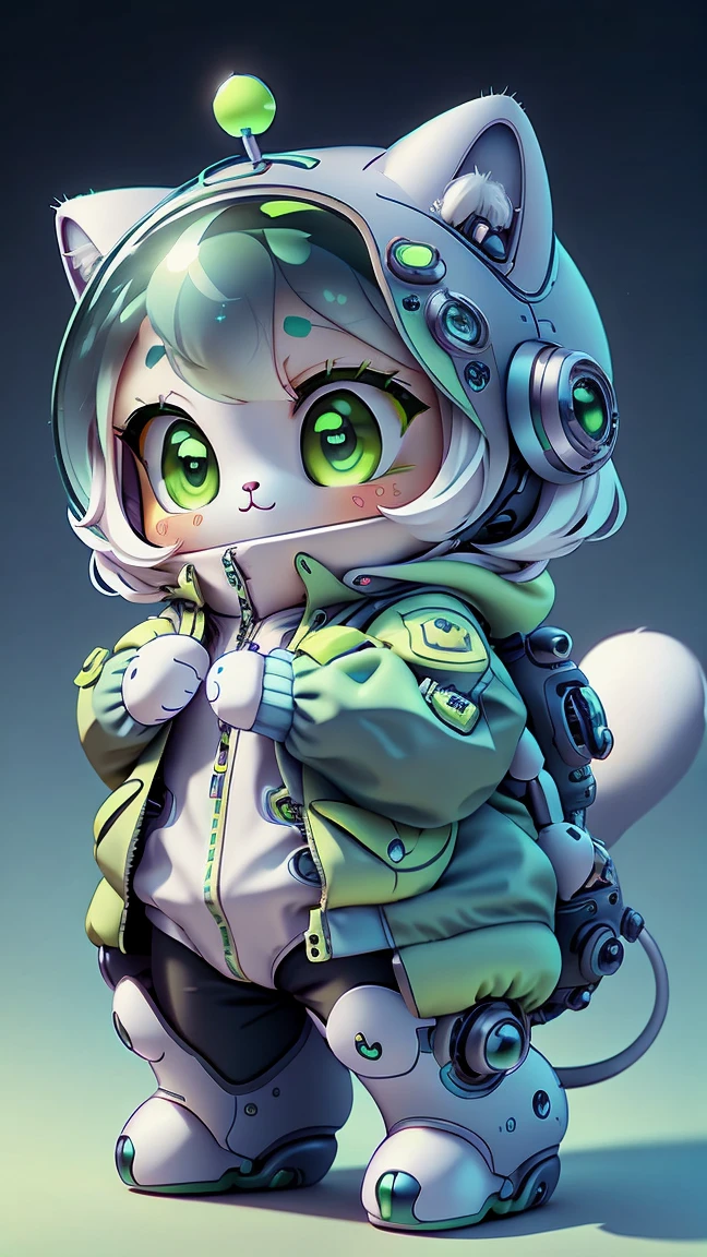 A mini cute surreal futuristic mechanical cat wearing a green jacket. blue skin. cinematic, Super detailed, White gradient background , Very detailed, zoom out, yellow eyes