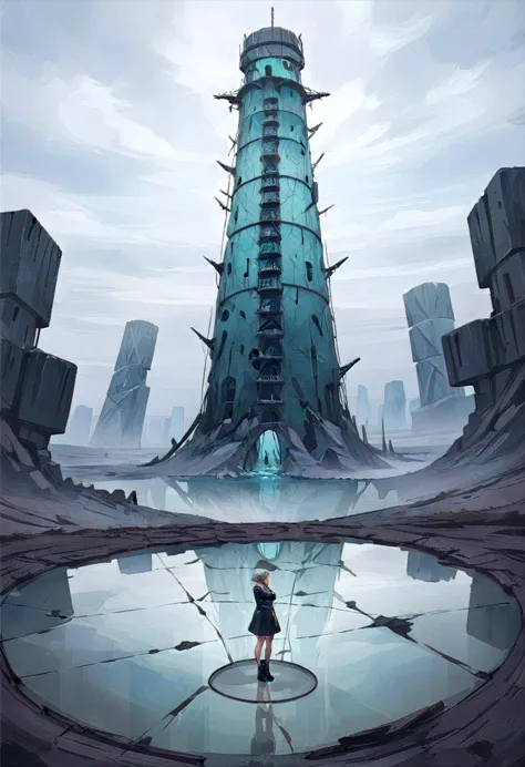 ssta, a girl stands on a glass tower in a surreal landscape