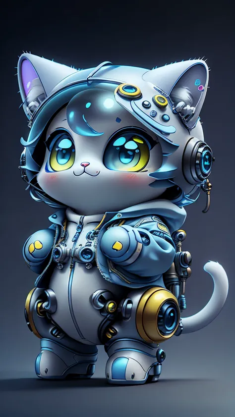 a mini cute surreal futuristic mechanical cat wearing a blue jacket. blue skin. cinematic, super detailed, white gradient backgr...