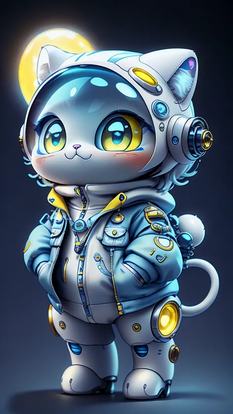 a mini cute surreal futuristic mechanical cat wearing a blue jacket. blue skin. cinematic, super detailed, white gradient backgr...