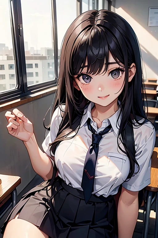 1 beautiful girl, Korean high school student, black hair, long silky hair, black eyes, thin lips, round face, big bust covered by a Korean school suit, tie tied around her neck, high school skirt, sitting on top of the desk, inside a empty classroom, captivating eyes, affectionate smile, alone in class, detailed art, morning setting