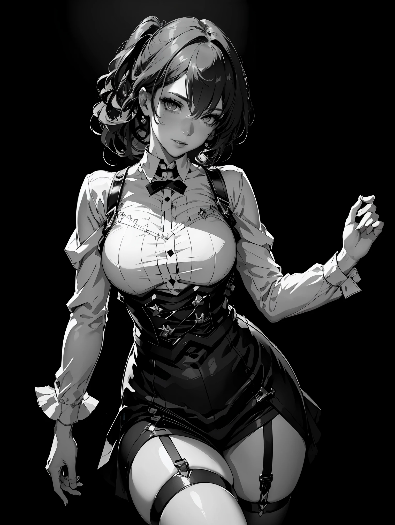 (best quality, 4k), (ultra details ayes), epic realistic, Kafka character, honkai star rail , stocking suspenders, anime style, vintage, (black monochrome background) best form, details, jump up, shadow and light, professional photography 