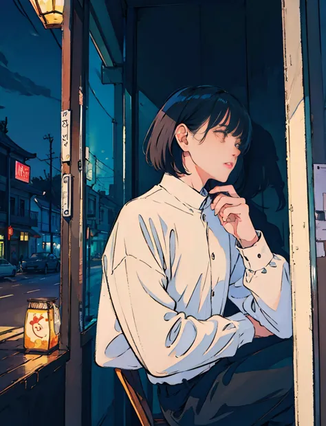 A cool and handsome Asian boy with black hair sitting in a cafe at night, visible from the window, perfect face, white shirt、bla...