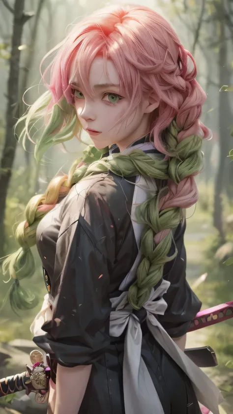 anime girl with pink hair and green eyes holding a sword, guweiz on pixiv artstation, guweiz on artstation pixiv, guweiz, artwor...