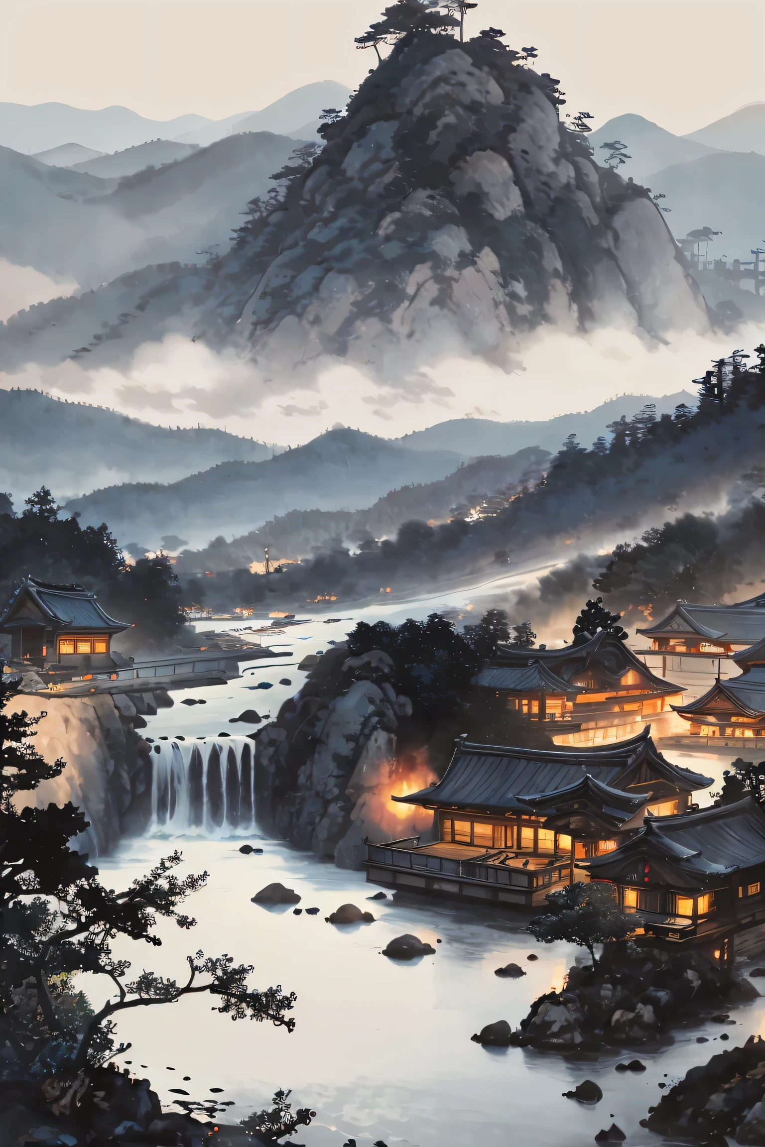 ミックスプラグインレイアウト, By Yoshitaka Amano, デジタルアートと絵画に非常に熟練した (Yoshitaka Amano) 丁寧に作られた. この作品はArtStationで人気があります，Unreal Engineと互換性があります. この風景には伝統的な中国の建築的特徴が見られる，都市の景観は深い森のようだ, 雄大な山々を背景にした，流れる水と微妙な要素.