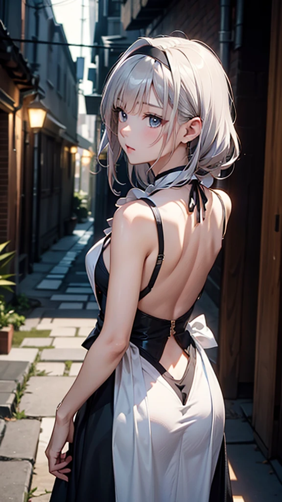 (super high detail、highest quality、official art)、one female、mysterious atmosphere、(attractive woman)、2、silver、White headband、shortcut、from head to chest、Large bust、Black backless maid outfit、eye、大きい eye、Looks sleepy、((Being covered from behind))、dark alley、indirect lighting、（delicate illustrations）、