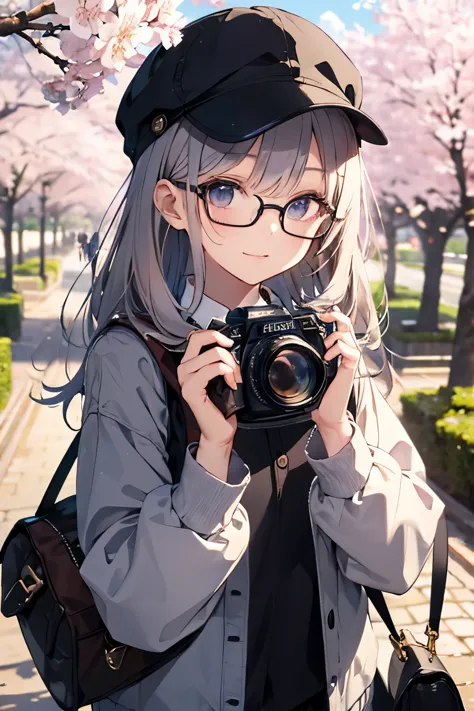 （Pretty sister:1.3）、spring atmosphere、noon、aggressive、cherry blossoms、picnic、1-lens reflex camera、garden、glasses、Newsboy hat