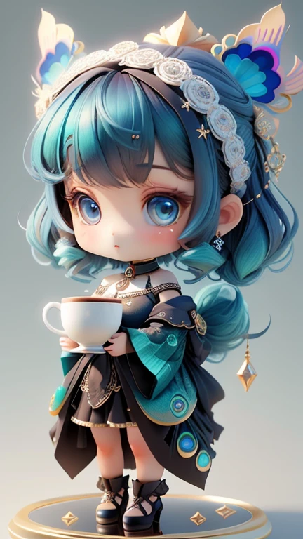 plastican00d, 1 fille dans, chibi, Correspondance des couleurs de la dopamine, double diamant, paon bleu, tissus luxueux, tremblement, profond,tenant une tasse de café, toile de fond propre３D、4ｄ