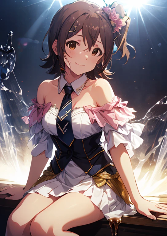 Mirai Kasuga (million live), (highest quality, 8K, masterpiece, Super detailed:1.2), (Lens flare, particles of light, shine), big breasts, smile, open your mouth, masterpiece, highest quality, Super detailed, High resolution, Very detailed CG, official art, idol costume, pink tie,white skirt, off shoulder, ((nfsw)), dynamic angle, perfect body,sexy, panty shot, (((Liquid dripping from the crotch))),(((put your hand inside your pants))), (( Masturbate by touching your vagina with your fingers)), boy legs、(Upskirt sitting with legs wide open:1.2)、Don&#39;t cover your lower body、camel toe