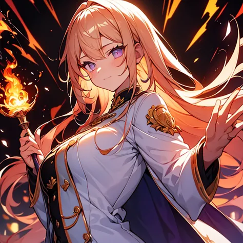 detailed hands,1 girl.white uniform,white jacket,jacket,cane,woman,has a weapon,flames flutter,golden hair,purple eyes