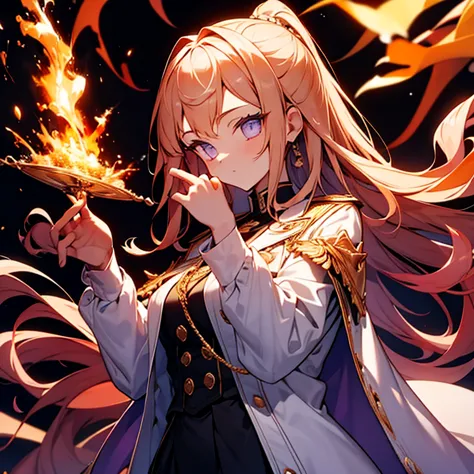 detailed hands,1 girl.white uniform,white Jacket,Jacket,cane,woman,Has a weapon,Flames flutter,golden hair,purple eyes