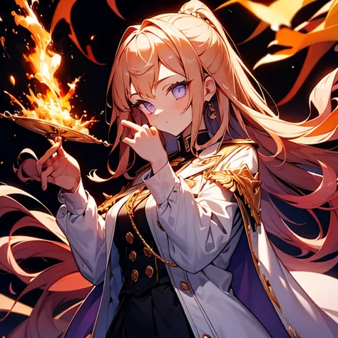 detailed hands,1 girl.white uniform,white jacket,jacket,cane,woman,has a weapon,flames flutter,golden hair,purple eyes