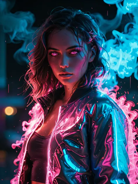 glowneon, glowing jacket on dark figure, emitting liquid light, vibrant blue and pink, glowing eyes, cinematic film still, neon ...