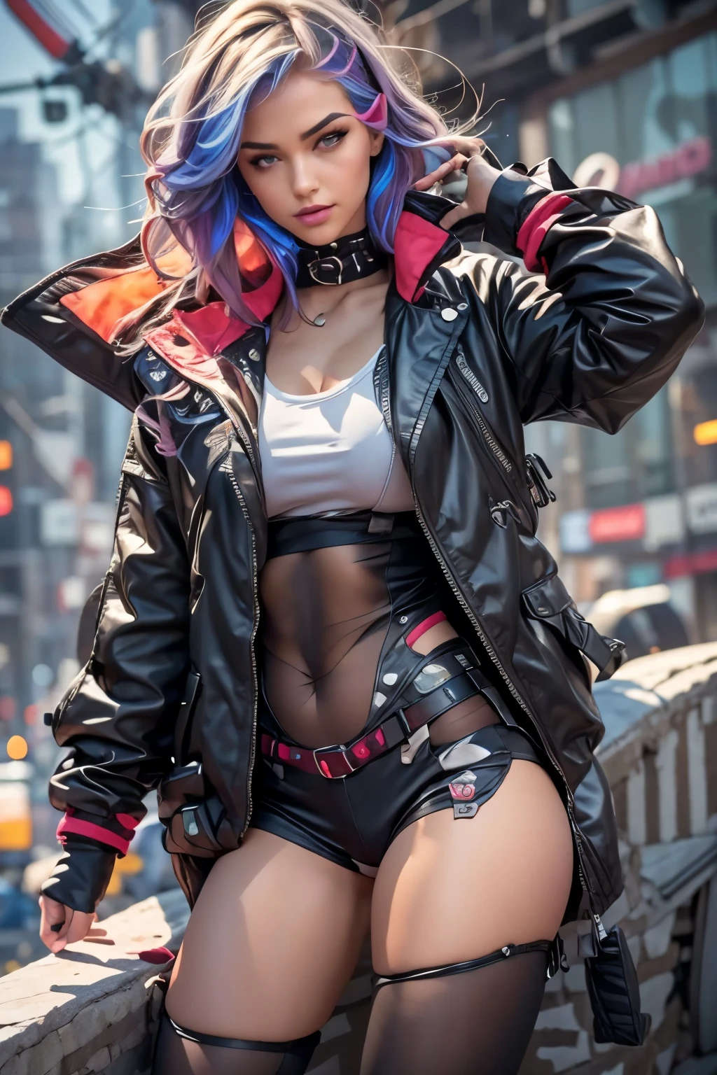 Very sexy girl, nsfw,  (extremely detailed CG unity 8k wallpaper), (ultra-detailed), masterpiece, best quality, lucy (cyberpunk), bodysuit, solo, breasts, cyberpunk city, multicolored hair, short hair, looking at viewer, medium breasts, black bodysuit, grey eyes, hip vent, clothing cutout, thigh gap, covered navel, white jacket, bare shoulders, short shorts, couch, legs spread open, 