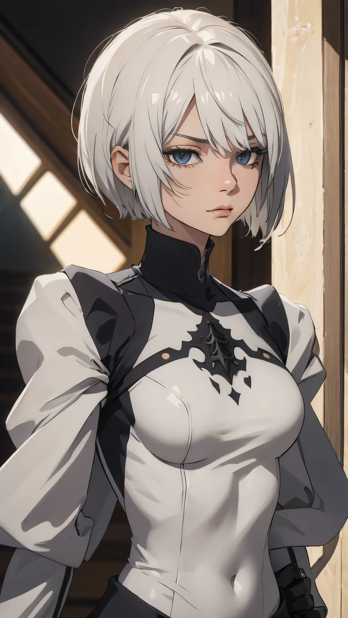 extremely detailed CG unity 8k wallpaper), (masterpiece), (best quality), (ultra-detailed), (best illustration), (best shadow), (absurdres) ,(detailed eyes), 2b, 1girl, short hair, white hair, solo, Intimidating women, admiral uniform, night, hero pose, white clothes, General Uniform, Military Uniform, Sunlight, exposed to sunlight,commander, fighting pose, wearing cape