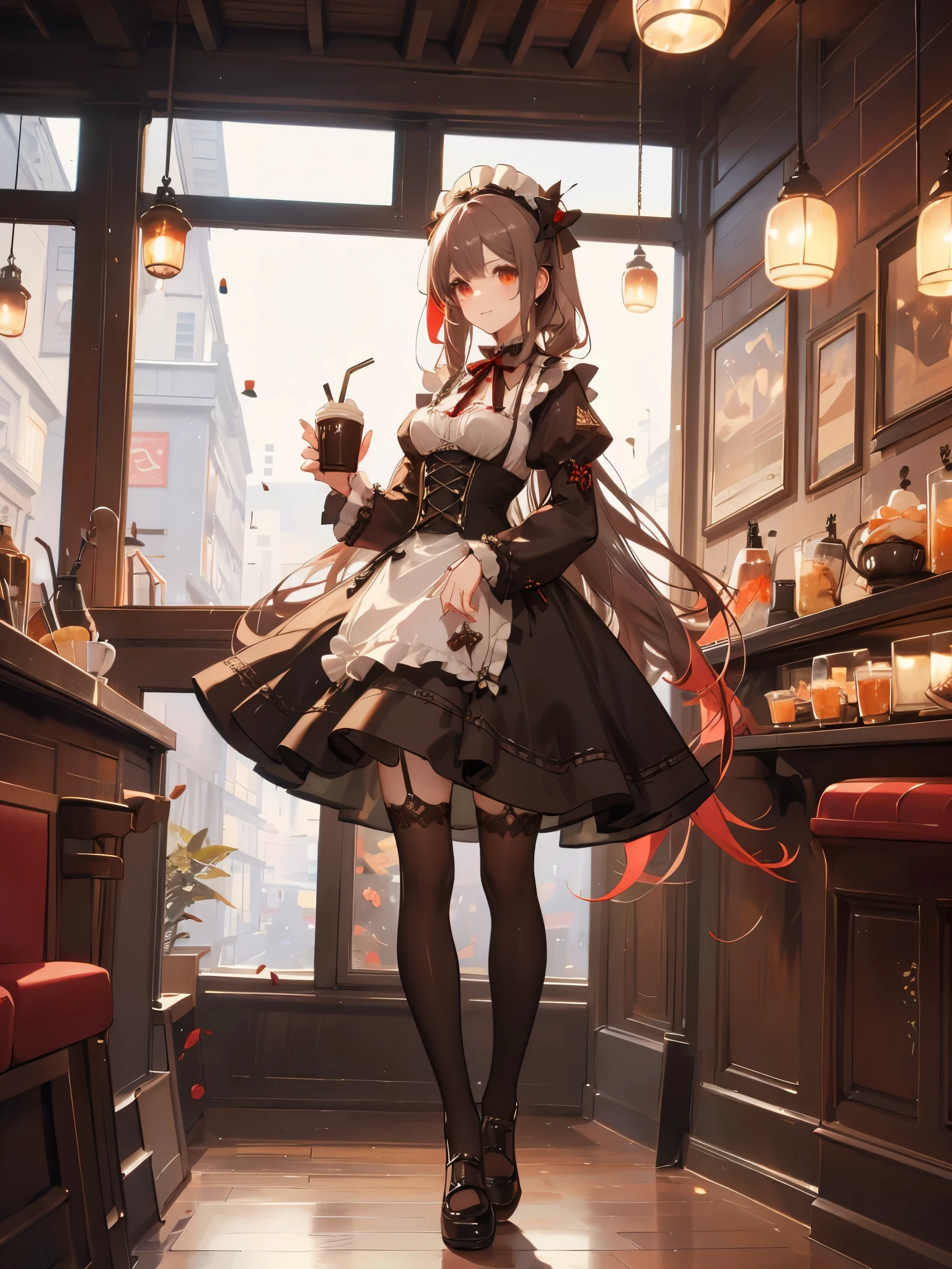 foto promocional, the place is a coffee shop, 1 garota, cara de 16 anos, waitress carrying cake to the table, red twin tails, rosto gentil, gothic lolita half costume and maid costume with image of strawberries, roupas baseadas em branco,