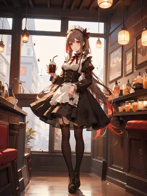 foto promocional, the place is a coffee shop, 1 garota, cara de 16 anos, waitress carrying cake to the table, red twin tails, ro...