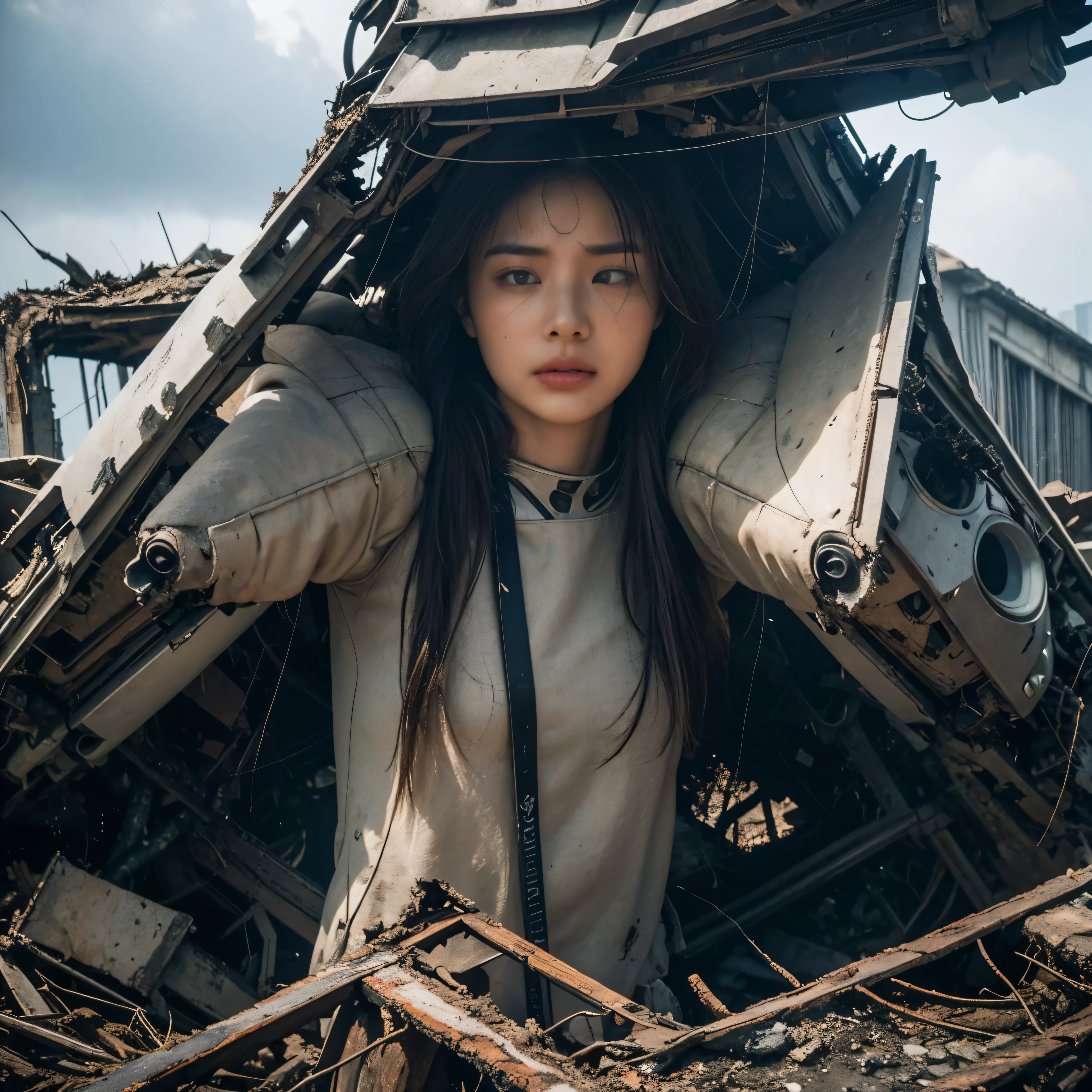 (highest quality、4K、High resolution、master piece: 1.2)、Super detailed、real: 1.37、Natural light、Portrait、surreal colors、futuristic style、Crumbling cityscape、Overgrown vegetation、Foggy atmosphere、Contrasting shadows、tattered clothes、A strong and confident gaze、Abandoned Objects、desolation、Destroyed building silhouette、vivid graffiti、Empowering pose、hair fluttering in the wind、Expressive facial features、unforgettable beauty、Dramatic sky、eerie clouds、intricate details、urban decline、post-apocalyptic setting、Ruins in nature 、Majestic Skyline、Desperate struggle、Creepy Presence、Thought of power、Enhanced Thought of power、intensity of emotions、Tense atmosphere、heroic attitude、intense action、Fearless Determination、Survival from all odds、Dangerous landscapes、Iconic battle、cinematic composition、epic showdown、A moment frozen in time、mysterious aura、fortitude、Women&#39;s Support、strong female protagonist、Fascinating story、Women's poweerce determination、Empowering Stories、(Behind her, a giant invader mech is on fire and collapsing.:1.55)
